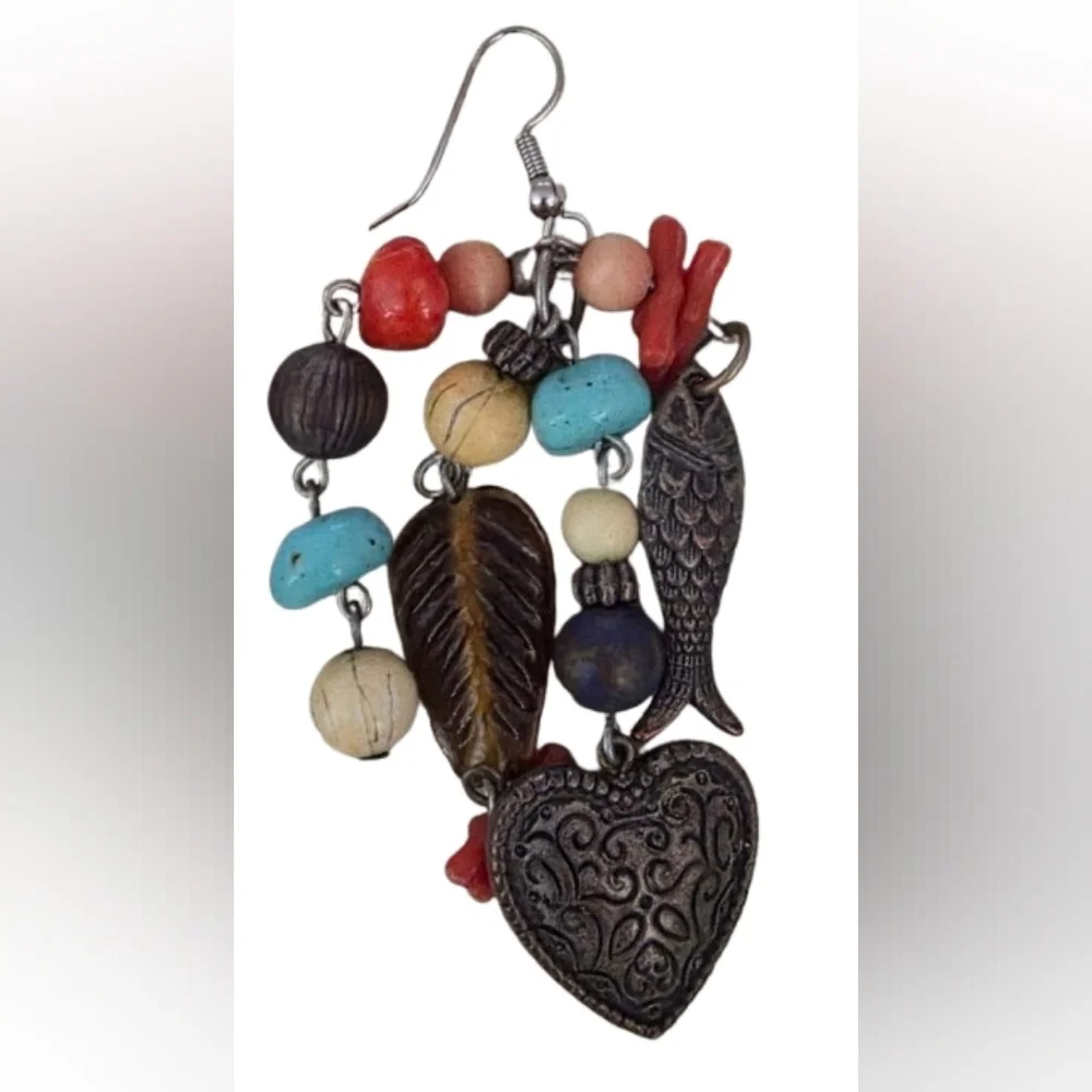 📣Vintage 90s Beaded Bohemian Tribal Earrings Dangle Wire 🐠 🩵 ❤️‍🔥 🍂 2 Pair